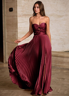 Ylura Burgunderrot A-Linien-Plissee-Abendkleid image3