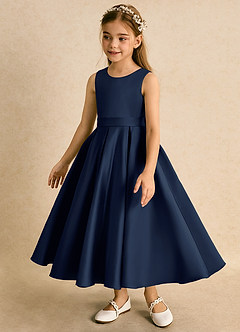 Azazie Junebuj Flower Girl Dresses Dark Navy Ball-Gown Pleated Matte Satin Dress image3