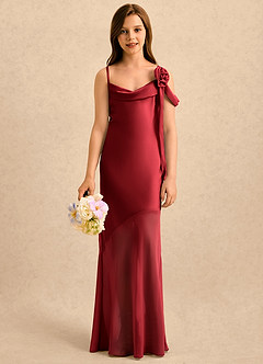 Azazie Kai Girls Formal Robe Demoiselle D'honneur Fillette Robe Fourreau en Satin extensible Plissée Écarlate image1