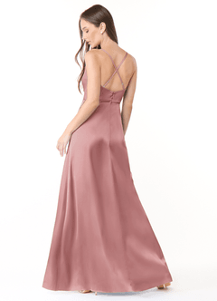 Azazie Naomie Bridesmaid Dresses Dusty Rose A-Line Cowl Neckline Side Slit Stretch Satin Dress image3