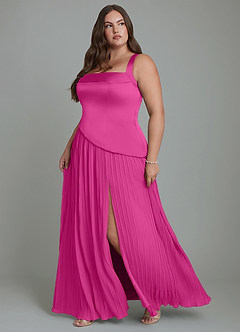 Azazie Stephanie Vestidos de damas de honor Vestido Fucsia de Satén Elástico de Línea A con Plisado image11