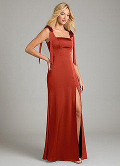 Azazie Frostine Bridesmaid Dresses Rust A-Line Bow Stretch Satin Dress image5