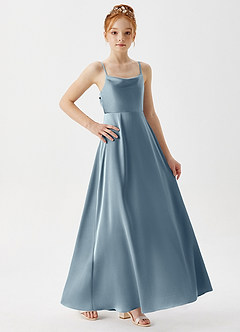 Azazie Shale Junior A-Linie Stretch-Satin Kleid Staubblau image4