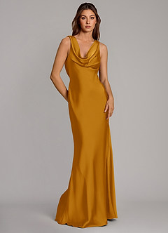 Azazie Cheryl Bridesmaid Dresses Butterscotch Mermaid Stretch Satin Dress image1