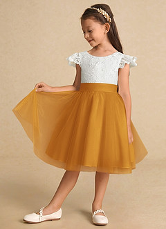 Azazie Vetty Flower Girl Dresses Ivory Butterscotch A-Line Lace Tulle Dress image4