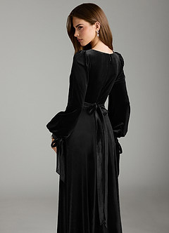 Azazie Leonia Bridesmaid Dresses Black A-Line Long Sleeve Velvet Dress image2
