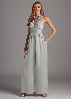 Azazie Oli Final Sale Silver Pleated Stretch Satin Jumpsuit image1