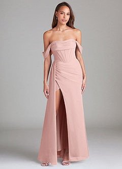 Azazie Amyra Robes de demoiselle d'honneur Robe Fourreau Convertible en Mousseline de soie Épaules dénudées Rose Poudré image1