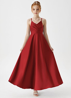 Azazie Avelina Junior Pomegranate A-Line Pleated Stretch Satin Dress image5