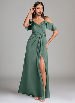 Azazie Dakota Bridesmaid Dresses Eucalyptus A-Line Off the Shoulder Stretch Satin Dress image4