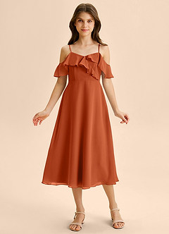 Azazie Kamilla Junior Abito A-Line in Chiffon a Spalla Scoperta Arancia Bruciata image6