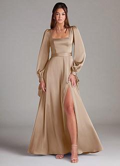 Azazie Leonia Brautjungfernkleider A-Linie Langarm Stretch-Satin Kleid Taupe image1