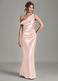 Azazie Emerson Bridesmaid Dresses Blushing Pink Mermaid Off the Shoulder Metallic Satin Dress image4