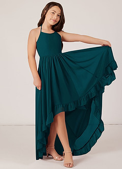 Azazie Sarafina Junior Robe Trapèze en Mousseline de soie Dentelle Vert Pin image4