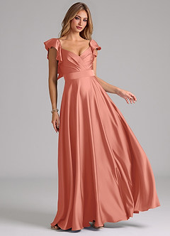 Azazie Leilani Robes de demoiselle d'honneur Robe Trapèze en Satin extensible Rayé Rose Saumon image1