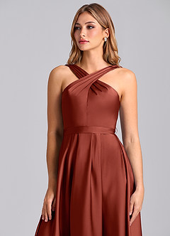 Azazie Dixie 신부 들러리 드레스 A라인 주름진 스트레치 새틴 바닥 길이 드레스 image6