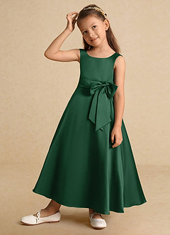 Azazie Lindy Flower Girl Dresses Dark Green A-Line Pleated Matte Satin Dress image4