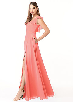 Azazie Jinny Vestidos de damas de honor Vestido de Coral de Gasa de Corte en A con Cuello Cuadrado Acanalado image3