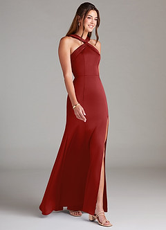 Azazie Rue Bridesmaid Dresses Pomegranate A-Line Pleated Stretch Satin Dress image4