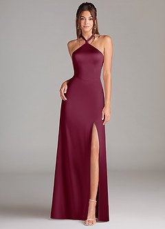 Azazie Elliana Bridesmaid Dresses Mulberry A-Line Side Slit Stretch Satin Dress image4