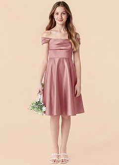 Azazie Amira Junior Vestido de Rosa Polvorienta de Satén Elástico de Corte en A con Plisado image6