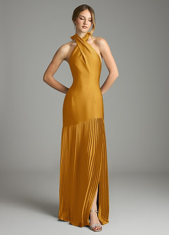 Azazie Nayeli Jurken voor bruidsmeisjes Jurk van Stretch Satijn met A-Lijn Geplooid Boterbabbelaar image3