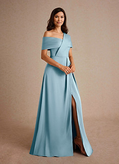 Azazie Milton Mother of the Bride Dresses Moody Blue A-Line Pleated Stretch Satin Dress image6