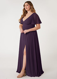 Azazie Kimber Bridesmaid Dresses Plum A-Line Flounce Sleeve Chiffon Dress image2