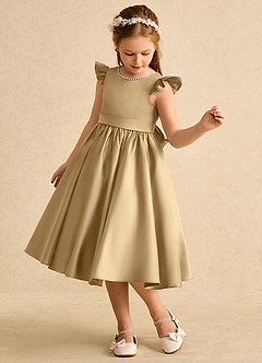 Azazie Dumpling Flower Girl Dresses Gold A-Line Bow Matte Satin Dress image3