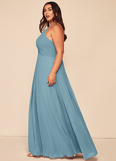 Azazie Ginger Bridesmaid Dresses Moody Blue A-Line Halter Pleated Chiffon Dress image13