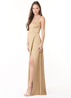 Azazie Halsey Brautjungfernkleider Etui Seitliche Cut-Outs Stretch-Satin Kleid Champagner image4