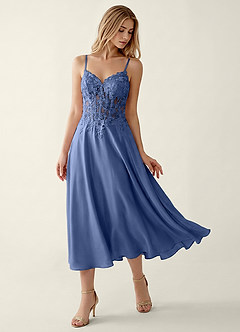 Corinna Stahlblau A-Linien-Maxikleid aus Satin-Spitze mit Korsettmuster image3
