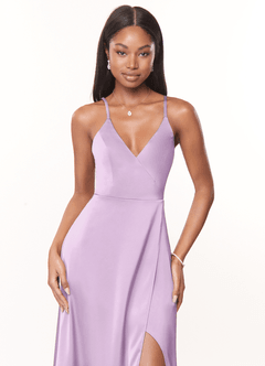 Azazie Maksim Bridesmaid Dresses Frosted Lilac A-Line V-Neck Stretch Satin Dress image5