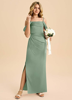 Azazie Saige Junior Matcha Sheath Off the Shoulder Stretch Satin Dress image1