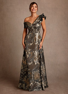 Azazie Des Moines Mother of the Bride Dresses Mocha Coco A-Line One Shoulder Floral Jacquard Dress image4