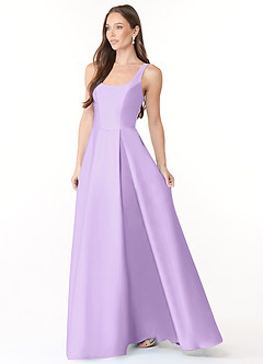 Azazie Neve Vestidos de damas de honor Vestido de Lila de Satén Elástico de Corte Princesa con Con bolsillos image3