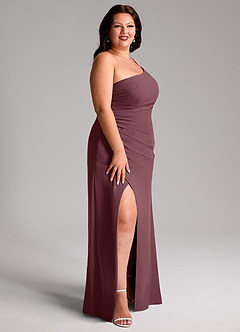Azazie Eren Vestidos de madrinha de casamento Vestido Sangria de Chiffon de Bainha com Um ombro image12