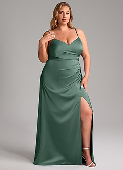 Azazie Azuree At-home Try On Dresses Dusty Sage A-Line Pleated Stretch Satin Dress image13