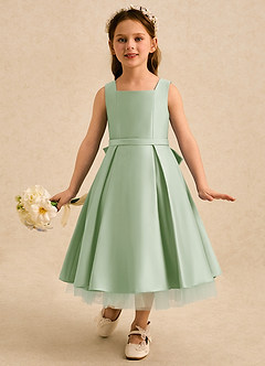 Azazie Josie Flower Girl Dresses Dusty Sage A-Line Pleated Matte Satin Dress image4