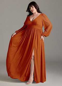 Azazie Norah Bridesmaid Dresses Paprika A-Line V-Neck Long Sleeve Chiffon Dress image10