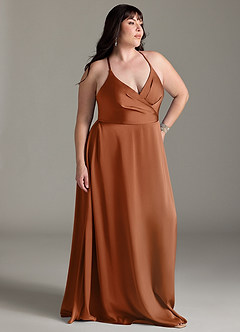 Azazie Davis Bridesmaid Dresses Copper A-Line Pleated Stretch Satin Dress image9