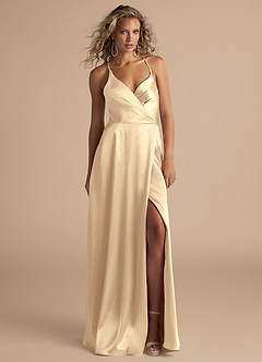Azazie Davis Bridesmaid Dresses Gold A-Line Pleated Metallic Satin Dress image3