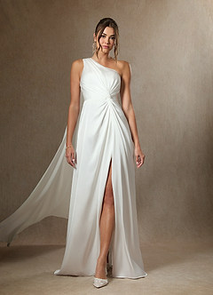 Azazie Tulisa Wedding Dresses Diamond White A-Line One Shoulder Stretch Satin Dress image6