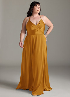 Azazie Davis Bridesmaid Dresses Butterscotch A-Line Pleated Stretch Satin Dress image7
