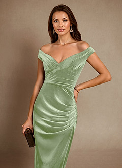 Azazie Nabila Mother of the Bride Dresses Dusty Sage Column Off the Shoulder Velvet Dress image6