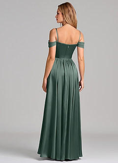 Azazie Raisa Robes de demoiselle d'honneur Robe Trapèze en Satin extensible Épaule décolletée Mousse De Mer image6