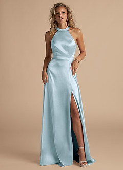 Azazie Clarice Bridesmaid Dresses Sky Blue A-Line High Neck Metallic Satin Dress image4