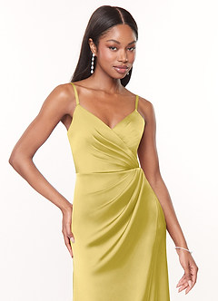 Azazie Maci Bridesmaid Dresses Canary A-Line V-Neck Pleated Stretch Satin Dress image5