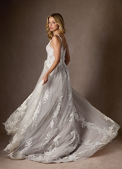 Azazie Delaina Vestidos de novia Vestido de Blanco Diamante Moca de Tul de Corte en A con Lentejuelas cuello pico image10