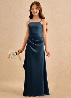 Azazie Cannoli Girls Formal Blumenmädchenkleider A-Linie Plissee Stretch-Satin Kleid Dunkelmarine image3